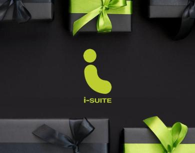 Black gift boxes with green ribbons and i-SUITE logo.