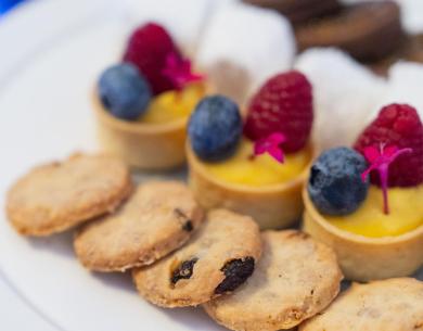 Dolci assortiti con frutti di bosco e biscotti su un piatto bianco.