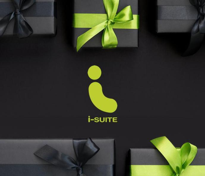 Black gift boxes with green ribbons and i-SUITE logo.